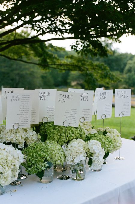 The seating chart set out in the meadow, ringed with green hydrangeas.